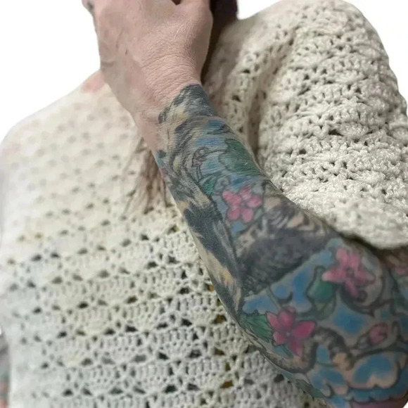 Vintage 60s shimmery cream chunky knit short sleeve pull over sweater M/L - Picture 6 of 10